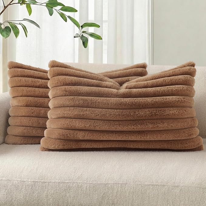 Pallene Faux Fur Plush Lumbar Throw Pillow Covers 12x20 Set of 2, Luxury Soft Fluffy Striped Decorative Pillow Covers for Sofa, Couch, Living Room, Brown