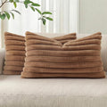 Pallene Faux Fur Plush Lumbar Throw Pillow Covers 12x20 Set of 2, Luxury Soft Fluffy Striped Decorative Pillow Covers for Sofa, Couch, Living Room, Brown