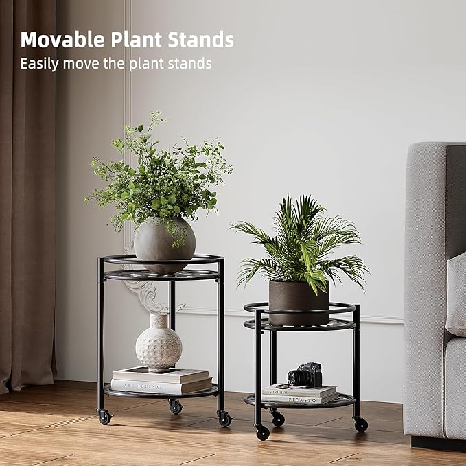 2 Tier Rolling Plant Stand with Wheels, Mid Century Modern Metal Stand for Planters, 2 Sizes 9 Inch & 11 Inch, Indoor Outdoor Movable Flower Pot Holder for Decor Home Garden Patio Load Bearing 165 LB 2 Pack Black