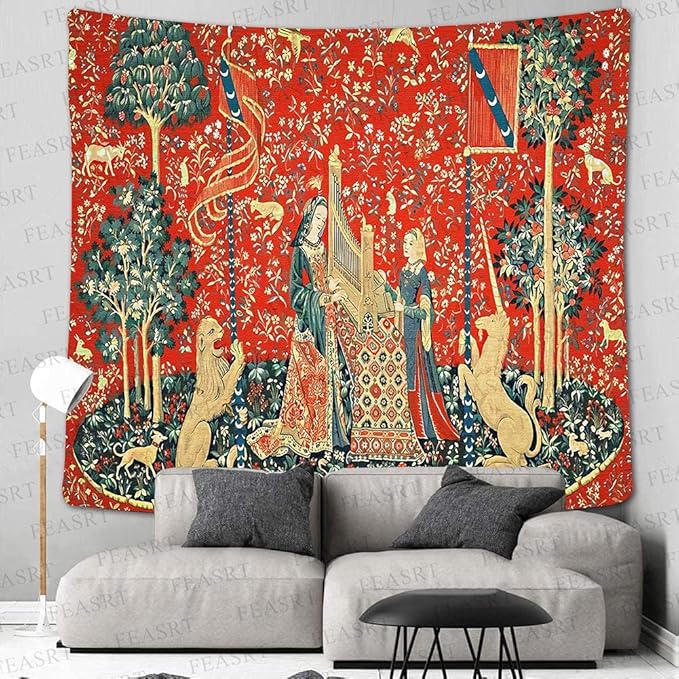 FEASRT Bohemian Tapestry - Medieval Maiden and Unicorn, 60x60 Inches Soft Flannelette, for Bedroom Living Room