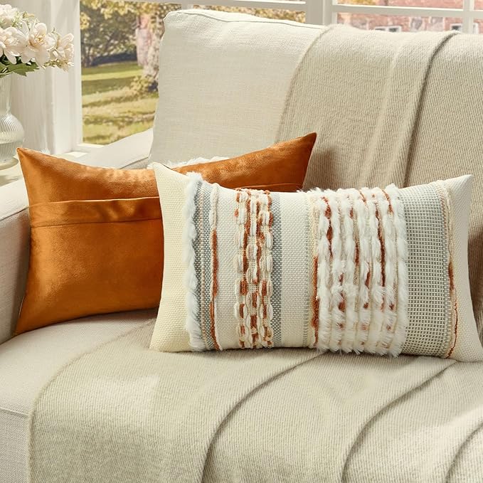 FUTEI Rust Beige Accent Throw Pillow Covers Set of 2, 12x20 Inch Plush Tufted Striped Textured Decorative Pillow Cases for Farmhouse Boho Couch Decor