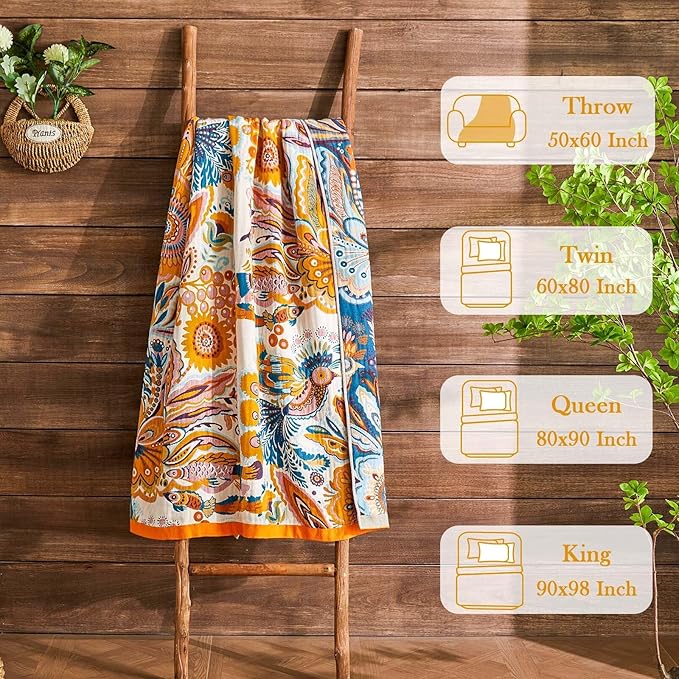 Boho Blanket Soft Muslin Boho Throw Blanket 100% Cotton Blanket All Seasons Reversible Rustic Floral Printed Vintage Rustic Farmhouse Decor Throw for Sofa Couch Chair (Yellow, 60"x80")