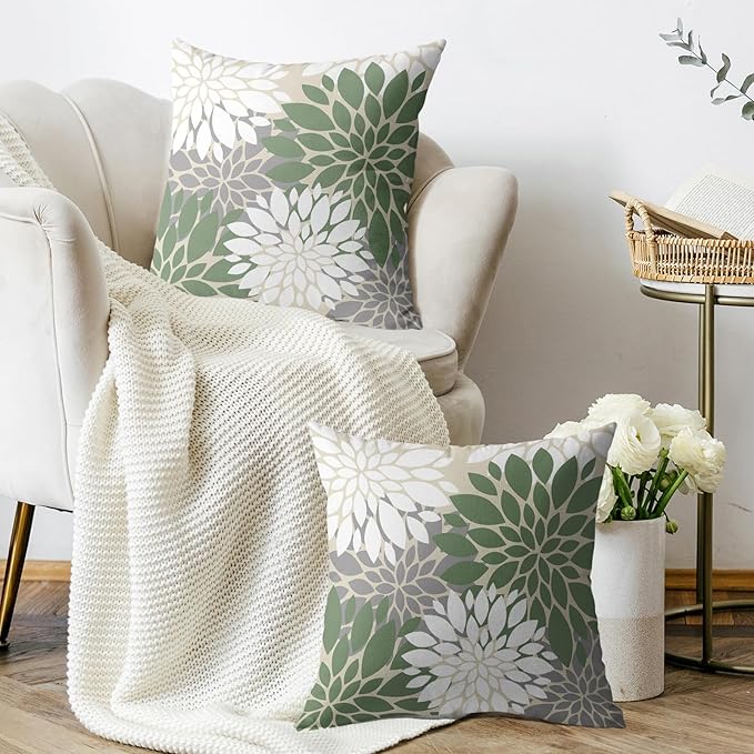 Sage Green White Grey Gray Pillow Covers 22X22 Inch Set of 2, Modern Dahlia Floral Print Decorative Throw Pillow Covers Outdoor Farmhouse Cushion Case for Home Couch Sofa Bed Decoration