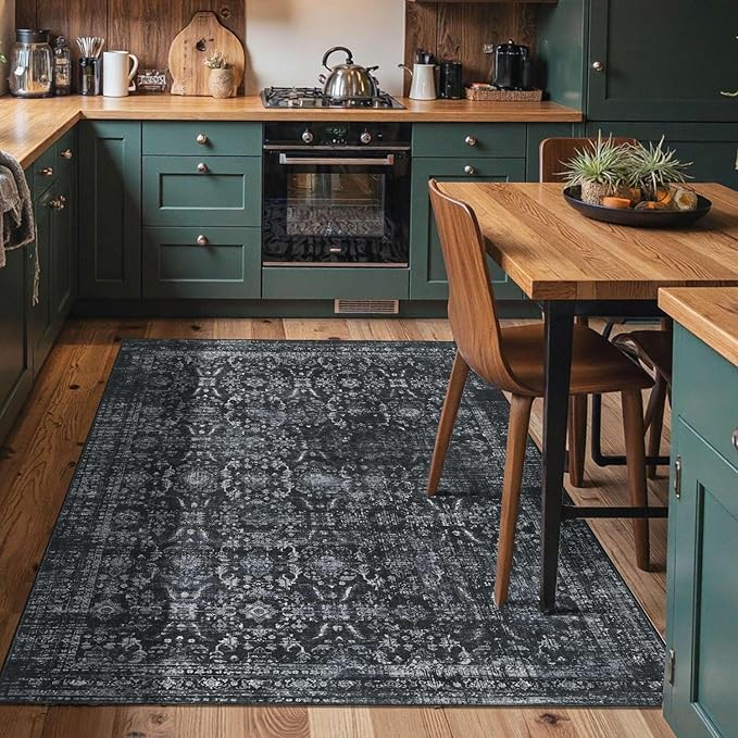 4x6 Rug for Living Room Bedroom, Black Washable Throw Rugs, Vintage Retro Boho Area Rugs, Non Slip & Low Pile Accent Throw Carpet for Indoor Dining Room, Kids Room and Office(Black 4x6ft)