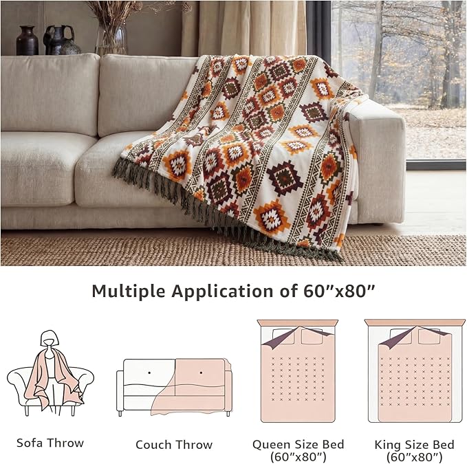 CASAAGUSTO Boho Throw Blanket - Orange and Green Decorative Blankets with Tassel, Printed Flannel Bohemian Blanket for Chair, Bed, Sofa, Couch(60 * 80, Orange and Green)