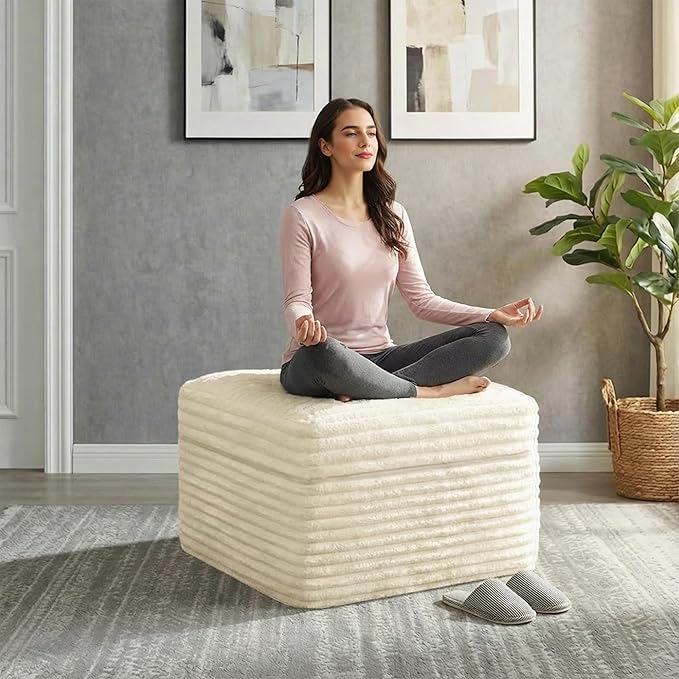 23.6in Pouf Ottoman, Corduroy Ottoman Foot Rest with Dual‑Layer Support, Large Poofy Pouf with Soft Chunk‑Foam Top & Firm Foam Base, Floor Foot Stool for Living Room, Beige