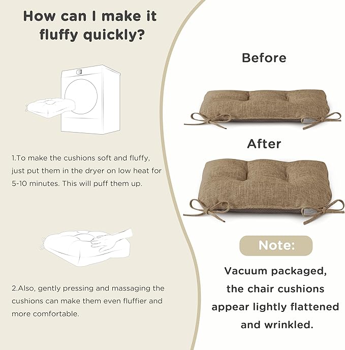 AddGrace Chair Cushions for Dining Chairs Set of 1 Kitchen Seat Cushions with Ties and Non Slip Backing Tufted Indoor Seat Pad for Kitchen Dining Room 18" x 17" x 3" Light Brown