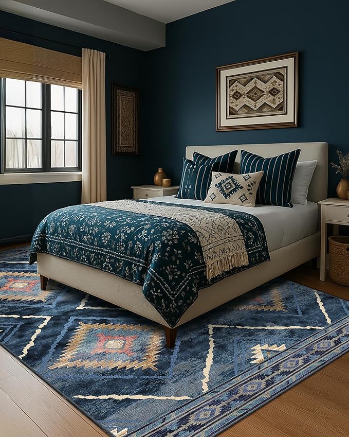 Area Rug 5x7 Rug Machine Washable Non-Slip Low Pile Print Pattern Western Rug for Living Room Bedroom Entryway Tribal Series -Darkblue