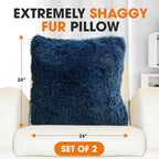 Cheer Collection Throw Pillows for Couch and Bed, Soft Shaggy Throw Pillows with Inserts Included, Cozy Long Hair Faux Fur Pillows - Set of 2-24" x 24" Navy