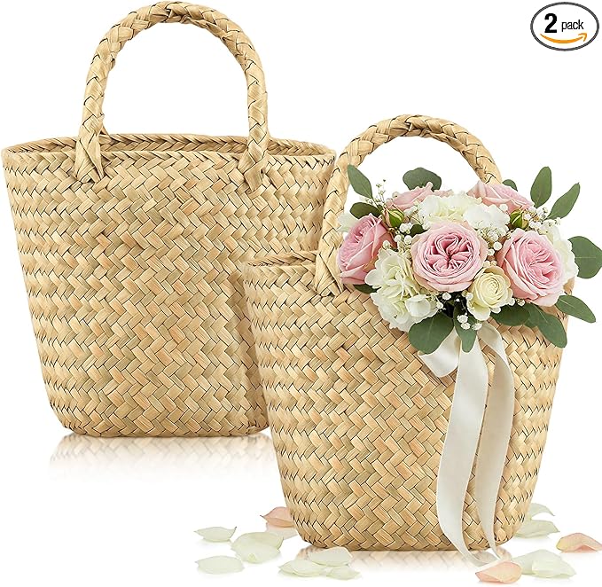 LemonRoad 2 Pcs Flower Girl Basket for Wedding Small Rustic Seagrass Basket with Handle Boho Wedding Flower Storage Farmhouse Decor for Petals Confetti Sweets Gifts 5.12 x 5.51''d (Natural Color)