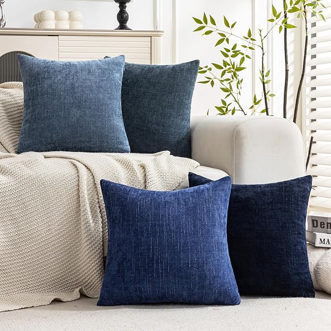 Set of 4 Soft Textured Decorative Throw Pillow Covers 18x18 Inch Cozy Farmhouse Cushion Cover Square Accent Pillow Cases for Bed Couch Sofa Living Room, Blue Series