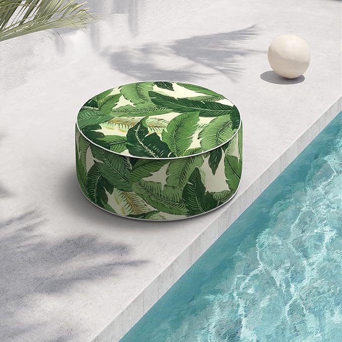 Indoor/Outdoor Inflatable Ottoman D21 x H9 inch, Round Footstool Inflatable Foot Rest Ottoman with Handle, Portable Ottomans Pouf for Patio, Garden, Camping, Home, Swaying Palms Green
