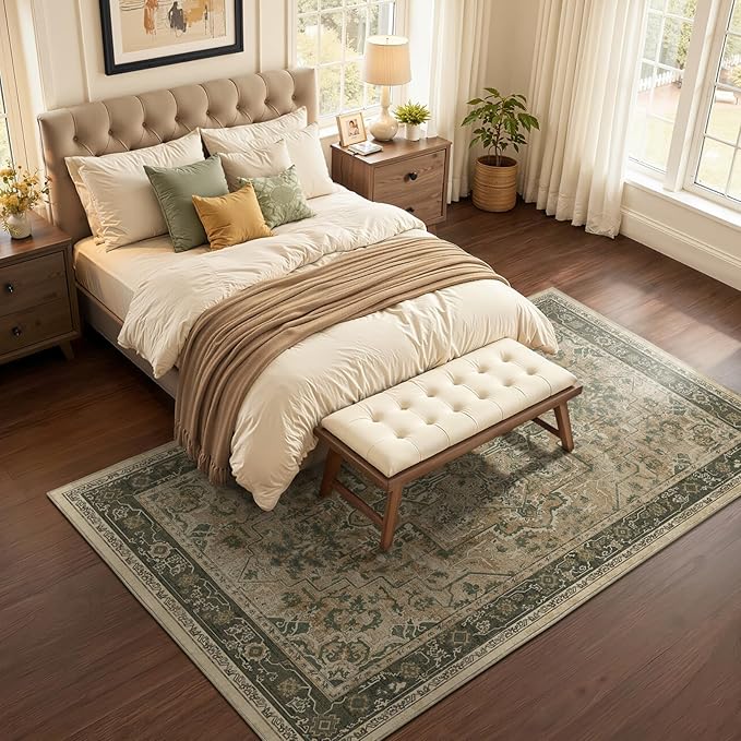 Moody 6x9 Area Rugs for Living Room, Low Pile Thin Washable Non Slip Rugs for Bedroom Dining Room, Vintage Medallion Distressed Carpet for Home Office Guest Room, Multi Brown/Green