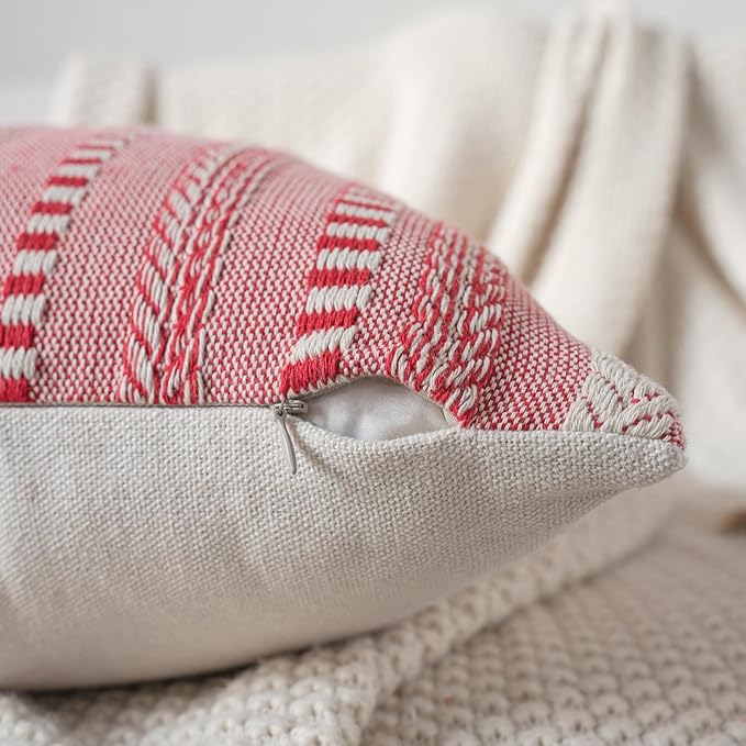 Christmas Pillow Covers 12x20 Inch Set of 2, Farmhouse Boho Christmas Decorative Couch Pillow Cases, Red Accent Pillows of Bed, Sofa Bedroom Living Room Home Decor Cushion Cover