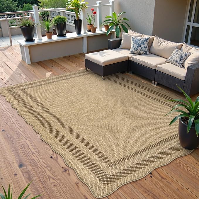 LIVEBOX Scalloped Washable 5x7 Rug, Easy Jute Tan Rugs for Living Room, Indoor Geometric Rug for Bedroom, Outdoor Farmhouse Non-Slip Rug Dining Room Mat Modern Carpet Area Rug for Patio Home Office