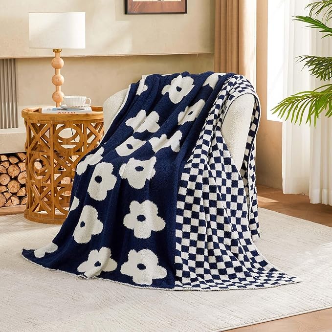 Checkered Throw Blanket, Navy Blue Flower Blanket for Couch, 50"x60" Soft Plaid Knit Blanket for Home Decor, Reversible Checkerered Blankets for Sofa, Chair, Bed
