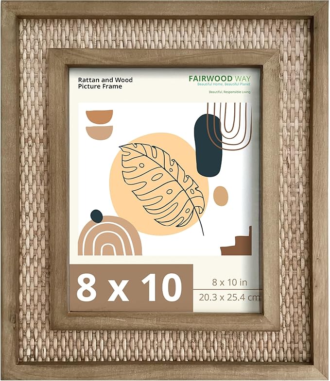 Rattan Picture Frame for 8x10 Photos | EACH UNIQUE Natural Fir Wood, Handwoven Rattan Mat, Boho Coastal Decor, Wall/Table Mount (12.5" x 14.5" Outer)