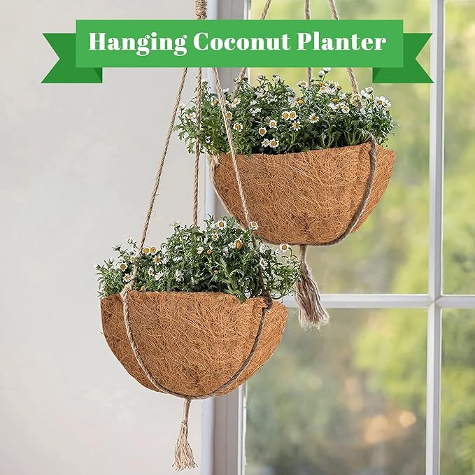 Riare 4 Pack 10 Inch Round Coco Liners Replacement, 100% Natural Coconut Coir Liners for Hanging Baskets, Garden Flower Vegetables Planter Pot, Window Box, Fence, Decks