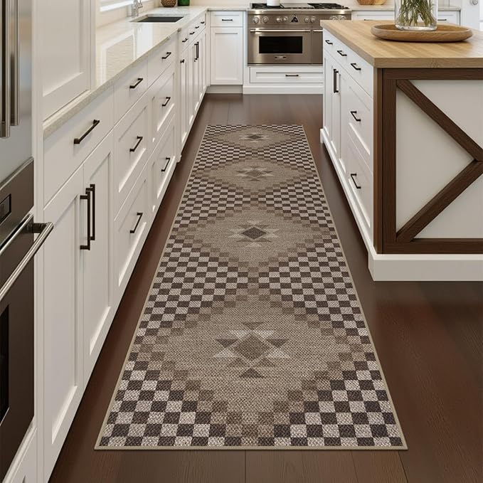 LIVEBOX Easy Jute Washable Runner Rug 2x10, Non Slip Brown Checkered Kitchen Rugs, Ultra Thin Farmhouse Runner Rugs for Hardwood Floor, Non Slip Long Hallway Rug 10 Ft