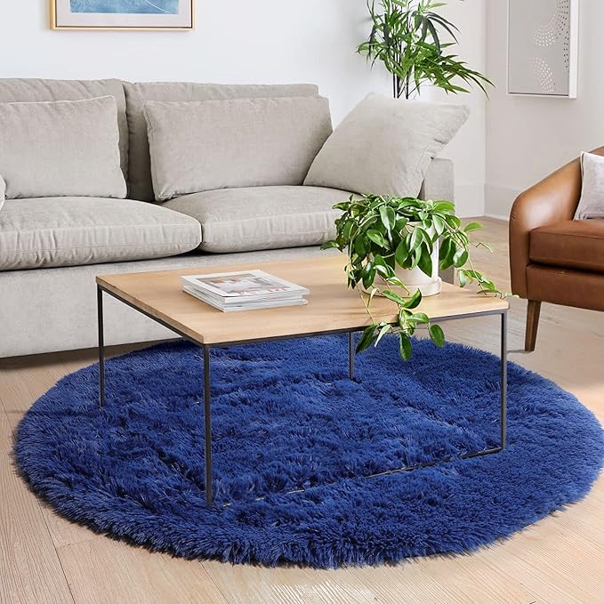 Amdrebio Navy Blue Round Rug 4Ft for Boys Room Bedroom, Circle Area Rugs for Kids Room, Living Room Decor Aesthetic, Fluffy Shag Fur Throw Royal Dark Blue Carpet for Preppy Dorm Playroom Baby Nursery