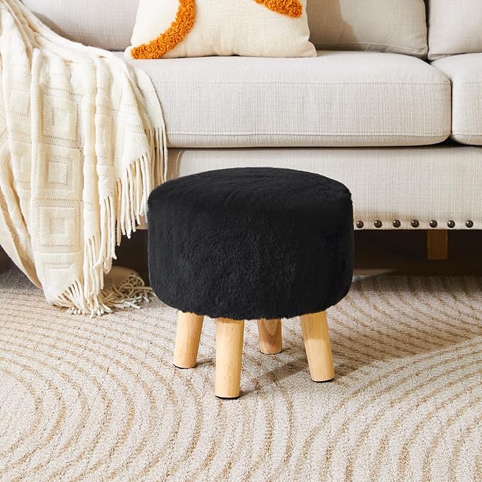 YMYNY Round Pouf Ottoman Small Foot Stool Faux Fur Foot Rest for Couch Modern Boho Footstools with Wood Legs for for Living Room Bedroom Office,12.6" D×12.6" W×12.6" H Black UHBD035B