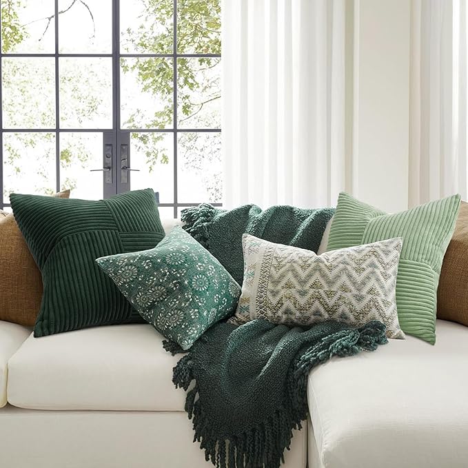 Topfinel SageGreen Throw Pillow Covers,Boho Farmhouse 20x20 Inch Cushion Covers Set of 4,Soft Corduroy Home Decor for Couch Bed Sofa Living Room LightGreen,MossGreen