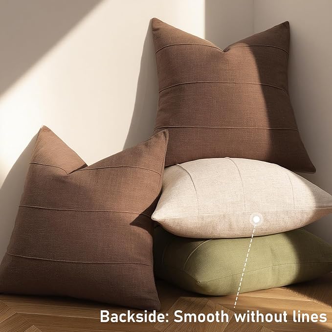 ZWJD Decorative Linen Throw Pillow Covers 24x24 Set of 2 Solid Handcrafted Striped Cushion Covers for Bed Soft Modern Farmhouse Neutral Pillowcase for Couch Bedroom Living Room Home Decor(Brown)