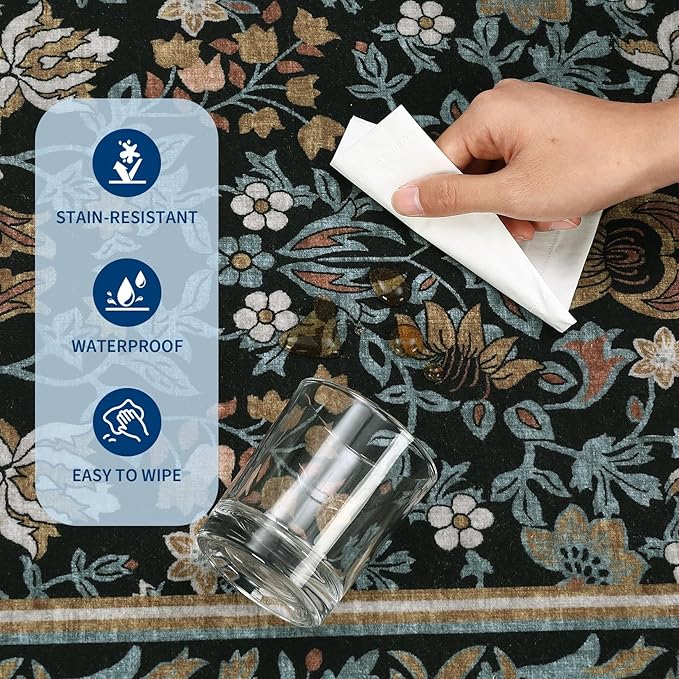 GarveeHome Washable Rug 9x12 Area Rugs for Living Room, Boho Rug Non Slip Vintage Low Pile Large Rugs for Bedroom Dining Room Stain Resistance Non-Shedding Carpet for Office Blue Black