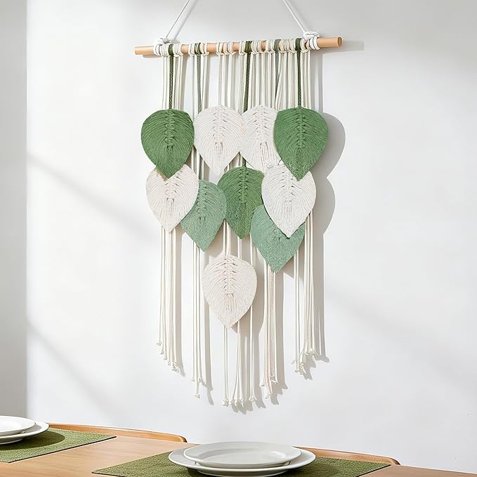 NYEONHRT Macrame Wall Hanging Boho Leaf and Feather Tapestry Handmade Woven Wall Art for Living Room Bedroom Nursery Decor 16x31 Inch (White green)
