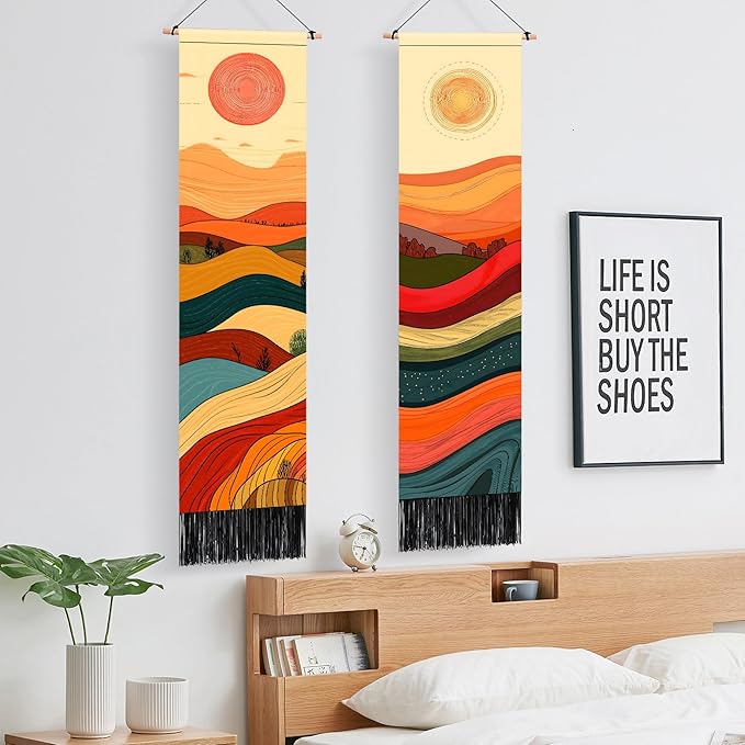 AOHMPT Pack of 2 Long Vertical Tapestry,Nature Landscape Tapestry with Serene Mountain River, Moon & Sun Motifs,Traditional Ink Painting Wall Art , Zen Aesthetic Wall Hanging for Living Room Bedroom Decor 13" W x 51" H"