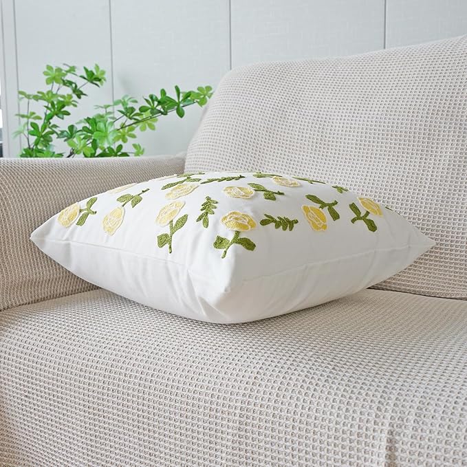 vctops Yellow Rose Embroidered Decorative Throw Pillow Cover Spring Summer Floral Square Pillow Cases Garden Cotton Cushion Cover for Couch Sofa Bed (Flower D,18"x18")