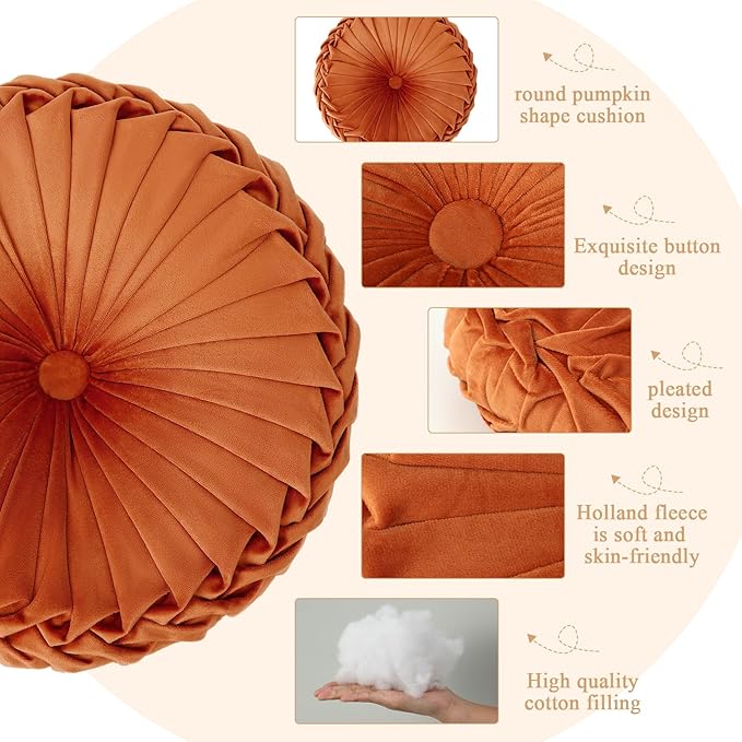 Round Throw Pillows Decorative Pleated Throw Pillows 15'' Diameter Accent Pumpkin Boho Chair Cushion for Couch Sofa Home Decoration(Burnt Orange, Yellow,4 Pcs)