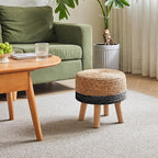 YMYNY Foot Stool Natural Seagrass Hand Weave, 12.6" Small Ottoman, Round Footrest for Living Room, Bedroom, Entryway, Change Shoes Stool, Non-Skid Wood Legs, Boho, Natural+Black UHBD027B