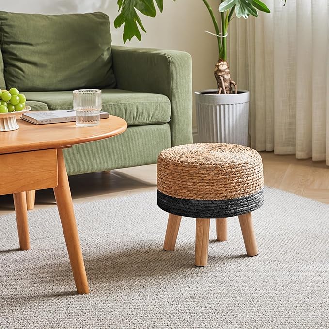 YMYNY Foot Stool Natural Seagrass Hand Weave, 12.6" Small Ottoman, Round Footrest for Living Room, Bedroom, Entryway, Change Shoes Stool, Non-Skid Wood Legs, Boho, Natural+Black UHBD027B