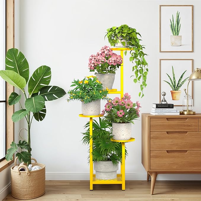 TOSKING 5 Tier Tall Plant Stand Indoor Outdoor,Anti-Tip Plant Stand indoor, Wide Base for Pots, Child and Pet Friendly,Heavy Duty Corner Shelf for Plants & Decor, Space Saving ,Tiered Metal Flower Pot Stand for Balcony, Garden, Living Room, Patio (Yell...