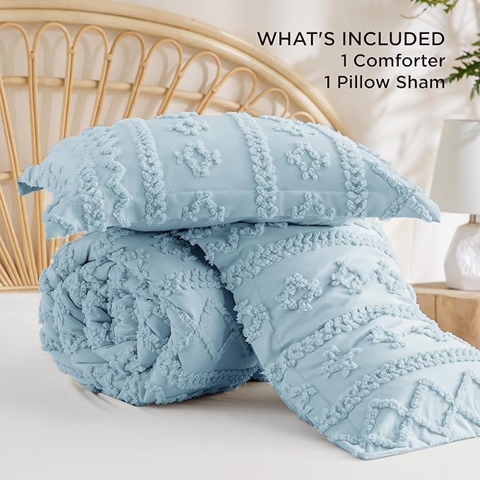 Bedsure Tufted Boho Comforter Set Twin Size - Light Blue Boho Bed Set, GentleSoft™ 2 Pieces Farmhouse Shabby Chic Embroidery Bedding, Gifts for Woman, Soft Jacquard Twin Comforter for All Seasons