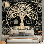 Avinyl Tree of Life Wall Tapestry for Bedroom, Sun and Moon Hippie Tapestries Aesthetic, Black and Gold Wall Hanging Home Decor for Dorm Living Room Office 51in x 60in