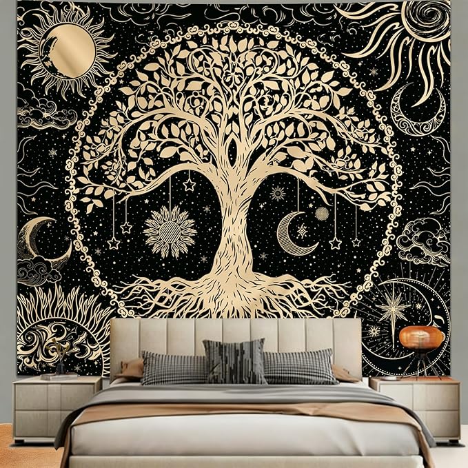 Avinyl Tree of Life Wall Tapestry for Bedroom, Sun and Moon Hippie Tapestries Aesthetic, Black and Gold Wall Hanging Home Decor for Dorm Living Room Office 51in x 60in