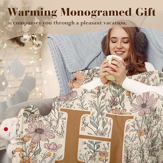JXREQ Throw Blanket Initial Letter H Personalized Monogrammed Gifts for Women Teen Girls Frends, Boho Floral Throw Blankets for Bed Sofa Living Room Office, 50x60 Inch