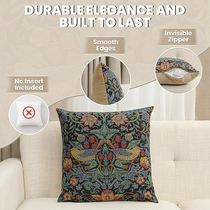 Charlotte Home Furnishings Throw Pillow Covers Decorative Boho Pillow Covers for Couch Living Room Blue Strawberry Square Cushion Cases 18x18 in European Cotton Jacquard Woven Cozy Bedroom Decor