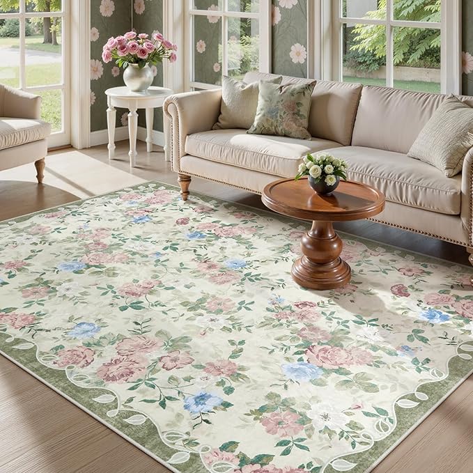 Lahome Floral Washable 5x7 Rug, Boho Area Rug for Bedroom,Vintage Living Room Rugs Non Slip Low Pile Ultra-Thin Large Carpet for Farmhouse,Dining Room,Kids Playroom Nina(5'X7',Cream/Green)