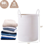 60L Pure White Woven Hamper Laundry Basket Cotton Rope Blanket Basket for Living Room 15Dx20H inches Tall Clothes Hamper for Baby Nursery Kids in Bedroom
