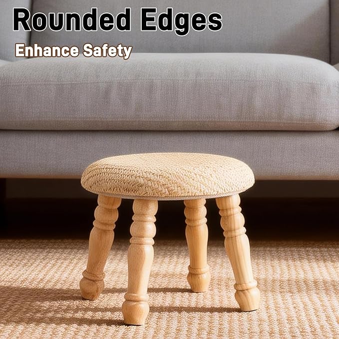 Round Foot Stool, Small Pouf Ottoman with Natural Rattan, Boho Footrest Wooden Stool for Couch, Step Stool for Living Room Bedroom Entryway Hallway Patio