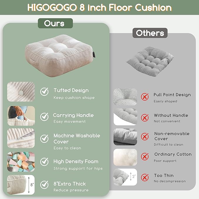 HIGOGOGO 8" Extra Thick Floor Pillow Cushion for Adults, Meditation Cushion Pillow, Large Square Floor Sitting, Tufted Corduroy Cover, for Tatami Living Room or Yoga, 22x22 Inch, Beige