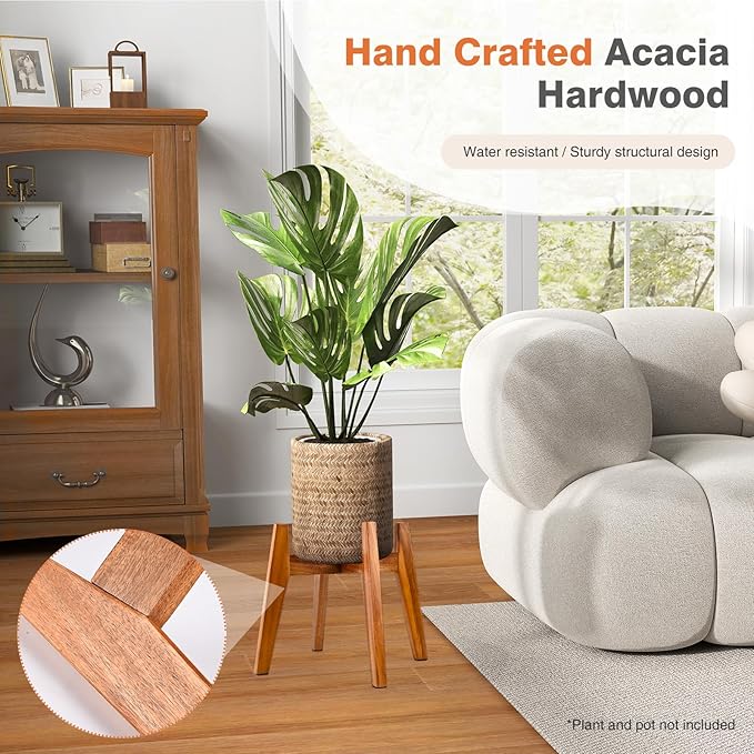 Acacia Wood Plant Stand for 9 Inch Pots, Mid Century Modern Indoor Plant Stand, Solid Hardwood, Non-Adjustable Flower Pot Holder for Home and Patio Décor