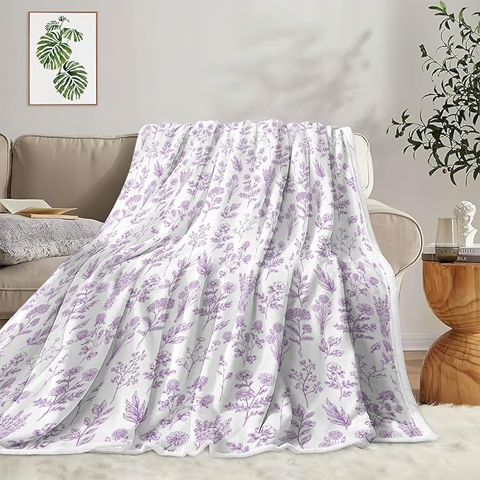 Floral Fuzzy Blanket Purple Floral Throw Blanket, Botanical Flowers Blankets, Soft, Flannel, Warm, Boho Flowers Bed Blankets All Season for Couch Bedroom Living Room 50X70 Inch