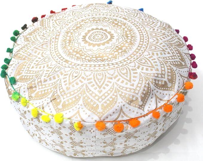 ICC Floor Pillows & Cushion covers Decorative Hippie Mandala Pouf Pillow covers Seating Meditation Cushion Cover Large Boho Ottoman Case Pillowcase Couch White Gold Ombre 16" Round