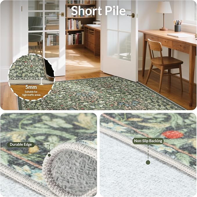 GENIMO Washable Small Rug 2x3, Non-Slip Entryway Mat for Front Door, Kitchen, Bathroom, Laundry, Vintage Boho Floral Thin Carpet Indoor Décor, Emerald Green