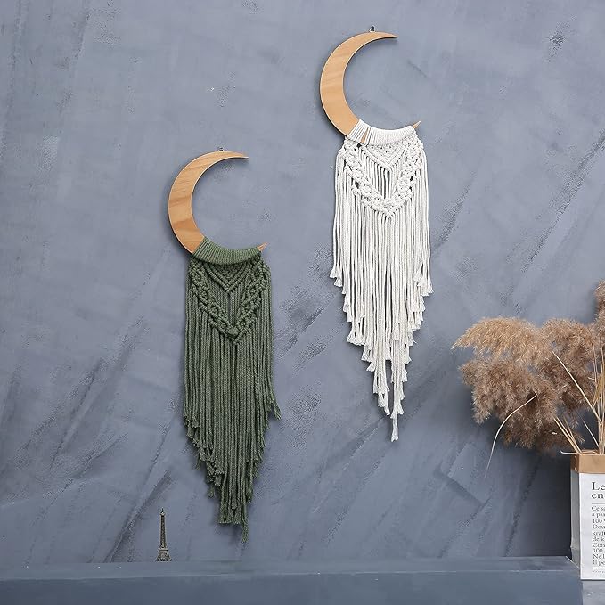 ANROYE Macrame Wall Hanging Boho Moon Decor, Bohemian Crescent Wooden Ornament with Long Tassel, Handmade Unique Wood Tapestry Home Decoration Wall Art Gift for Dorm Bedroom Nursery Living Room