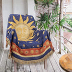 Hippie Throw Blanket Sun Moon Stars Boho Throw Blankets Celestial Tapestry Double-Sided Reversible Woven Cotton Home Decor Bedding Chair Couch Recliner Cover Oversized Tassels Astrology 50"x70"